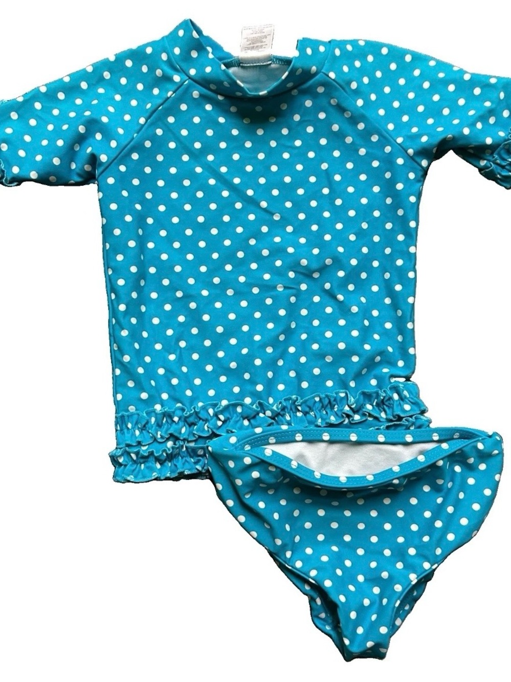 Toddler Girl Ruffle Butts Rash Guard Bathing Suit Teal Polka Dots Size 2T